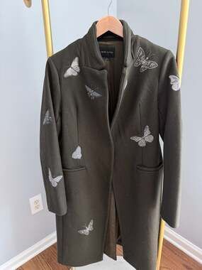 Third Layer Women's Olive Green Butterfly Embroidered Wool-Blend Long Coat